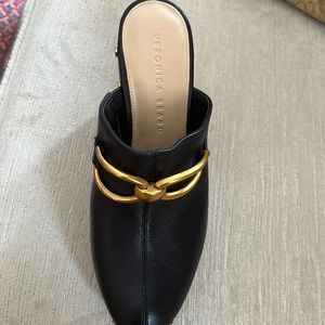 Veronica beard Giles black leather clog with brass